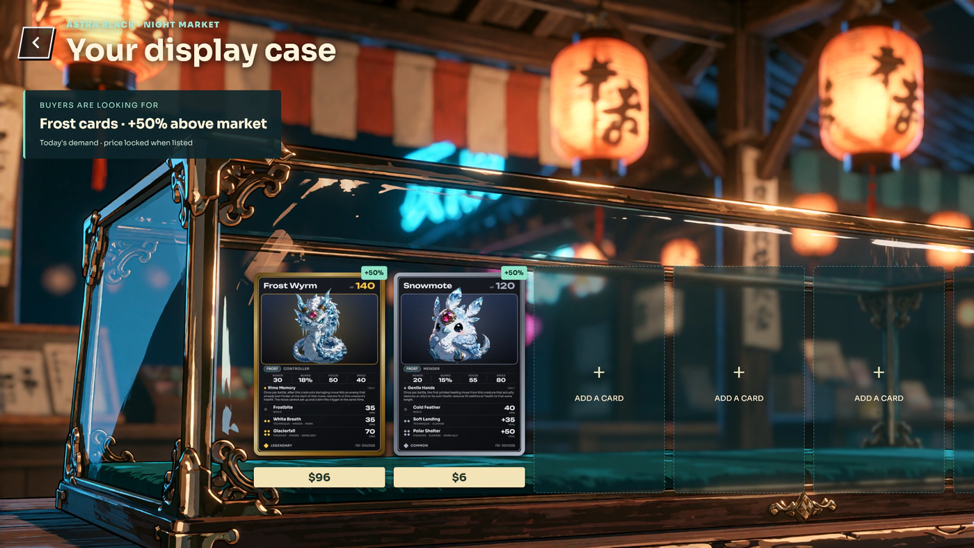 The ASTRA BLACK night-market display case with six card slots and a daily demand bonus.