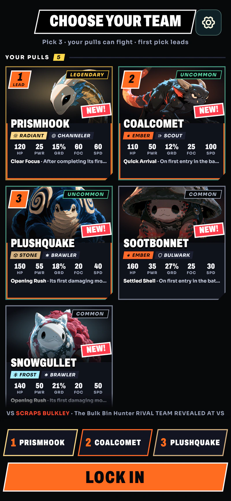 The corrected team picker. LOCK IN stays visible while the creature list scrolls.