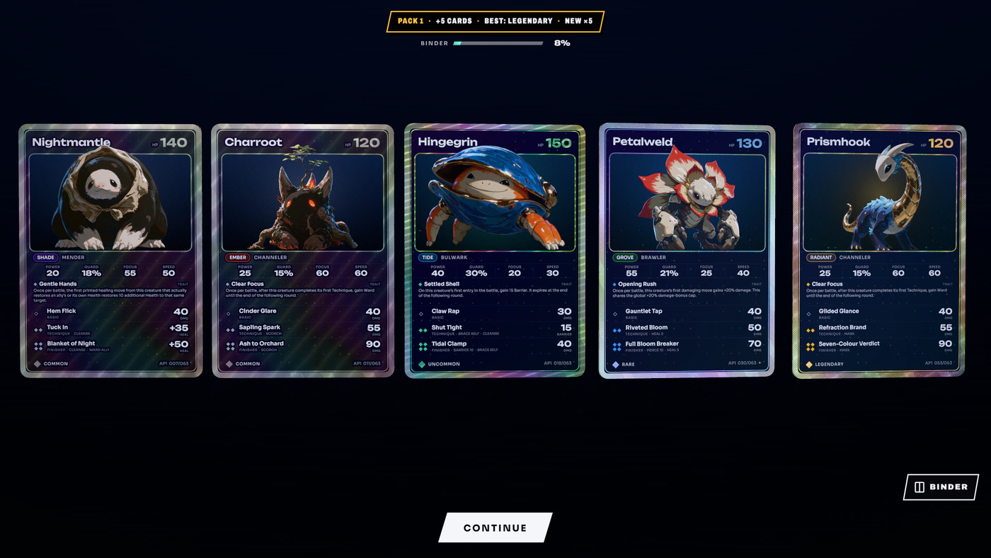 The pack summary. Every creature is a playable card, with its complete battle kit printed on it.