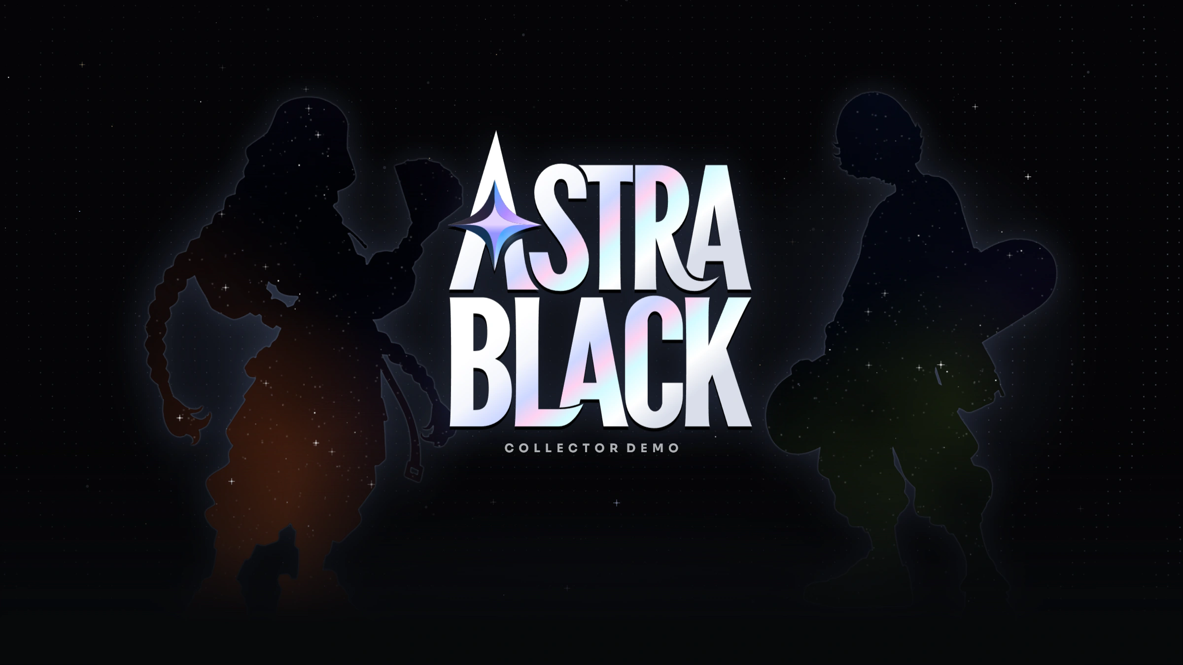 The ASTRA BLACK title screen: my Figma wordmark, lit in prism colour, between the two lead collectors drawn as star-filled silhouettes