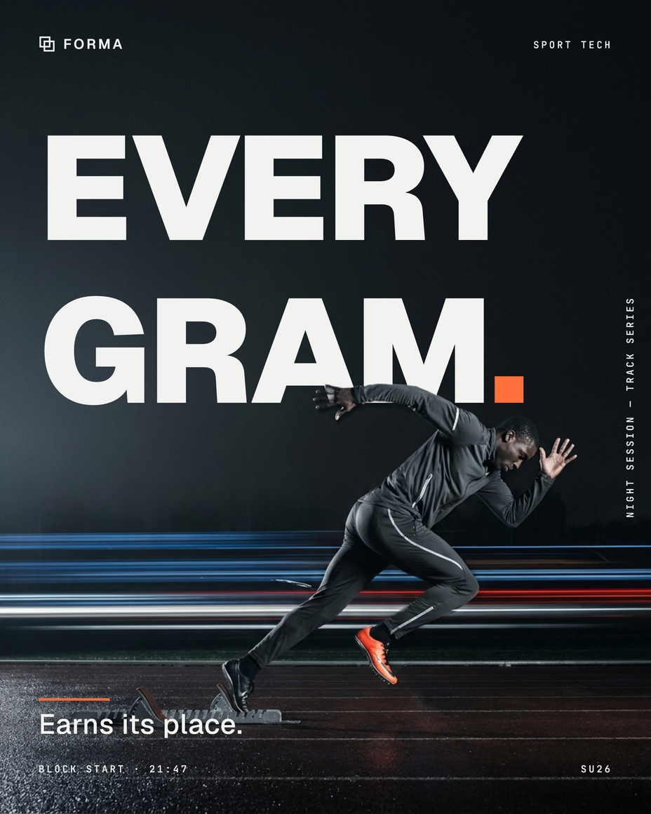 Forma / sport — a darker register and oversized type.