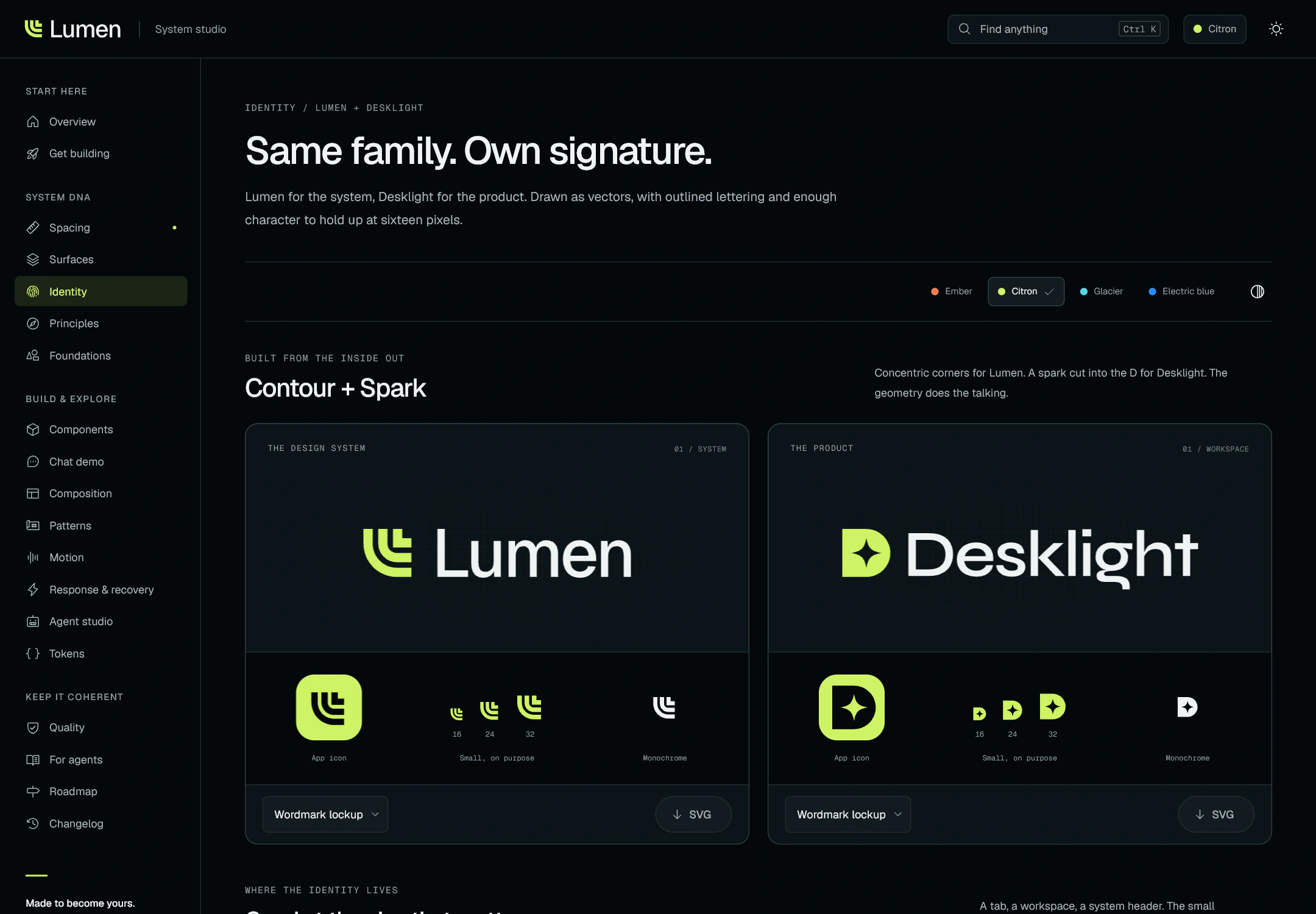 Lumen’s live identity studio: Contour for the system, Spark for the product. September 2026.