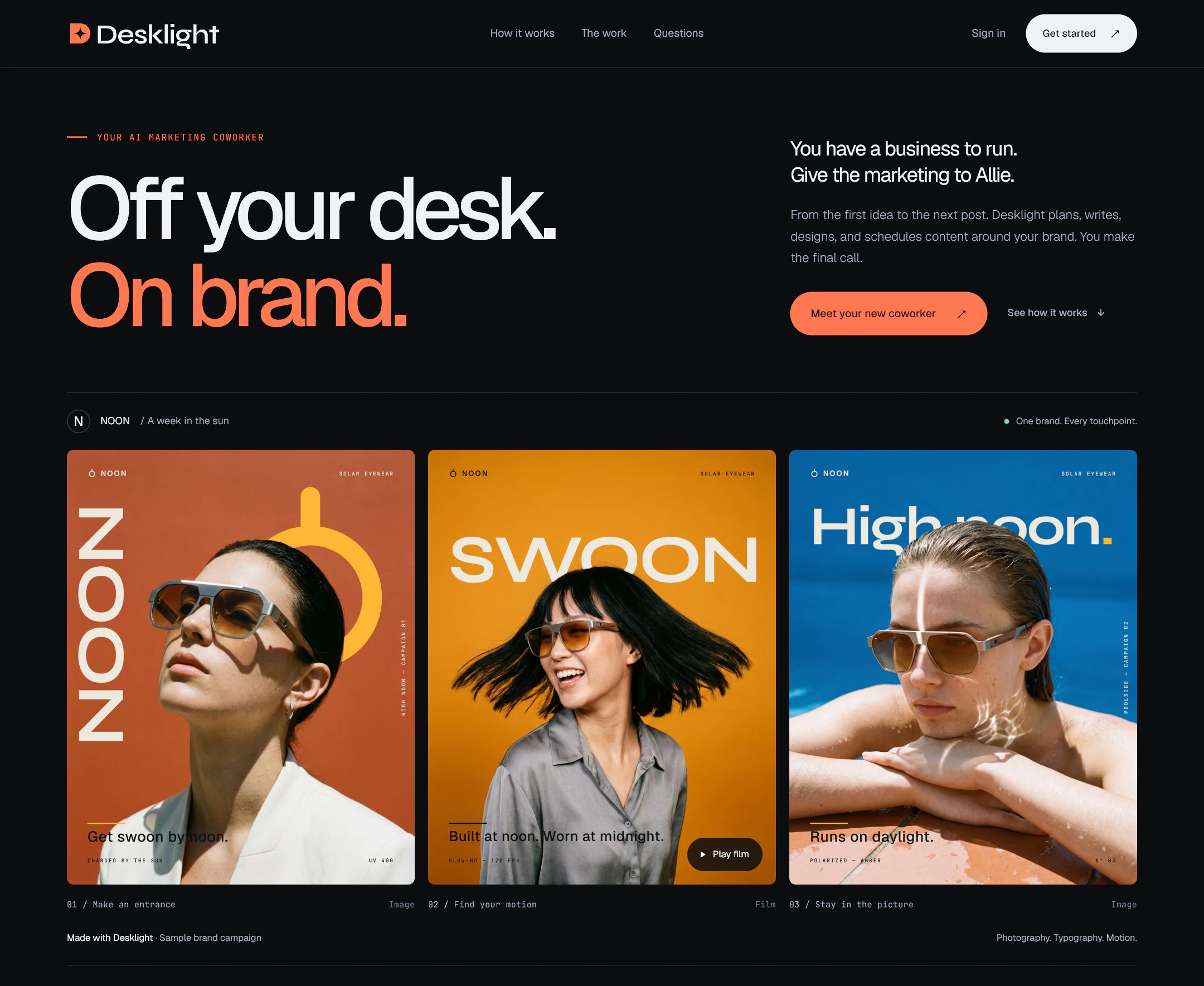 The live Desklight site: the Spark identity, Ember accent and a sample Noon campaign across photography, typography and motion
