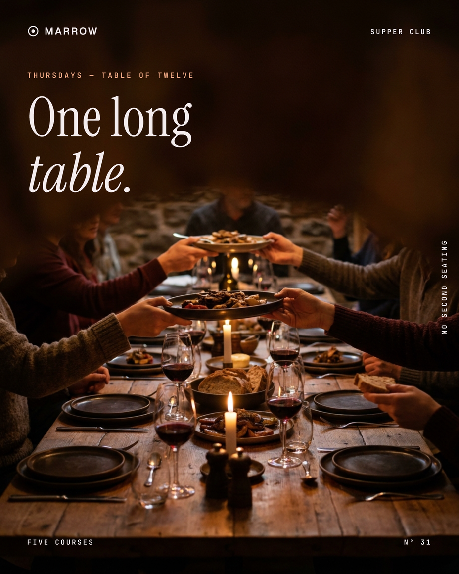 Marrow / hospitality — intimate photography and editorial typography.