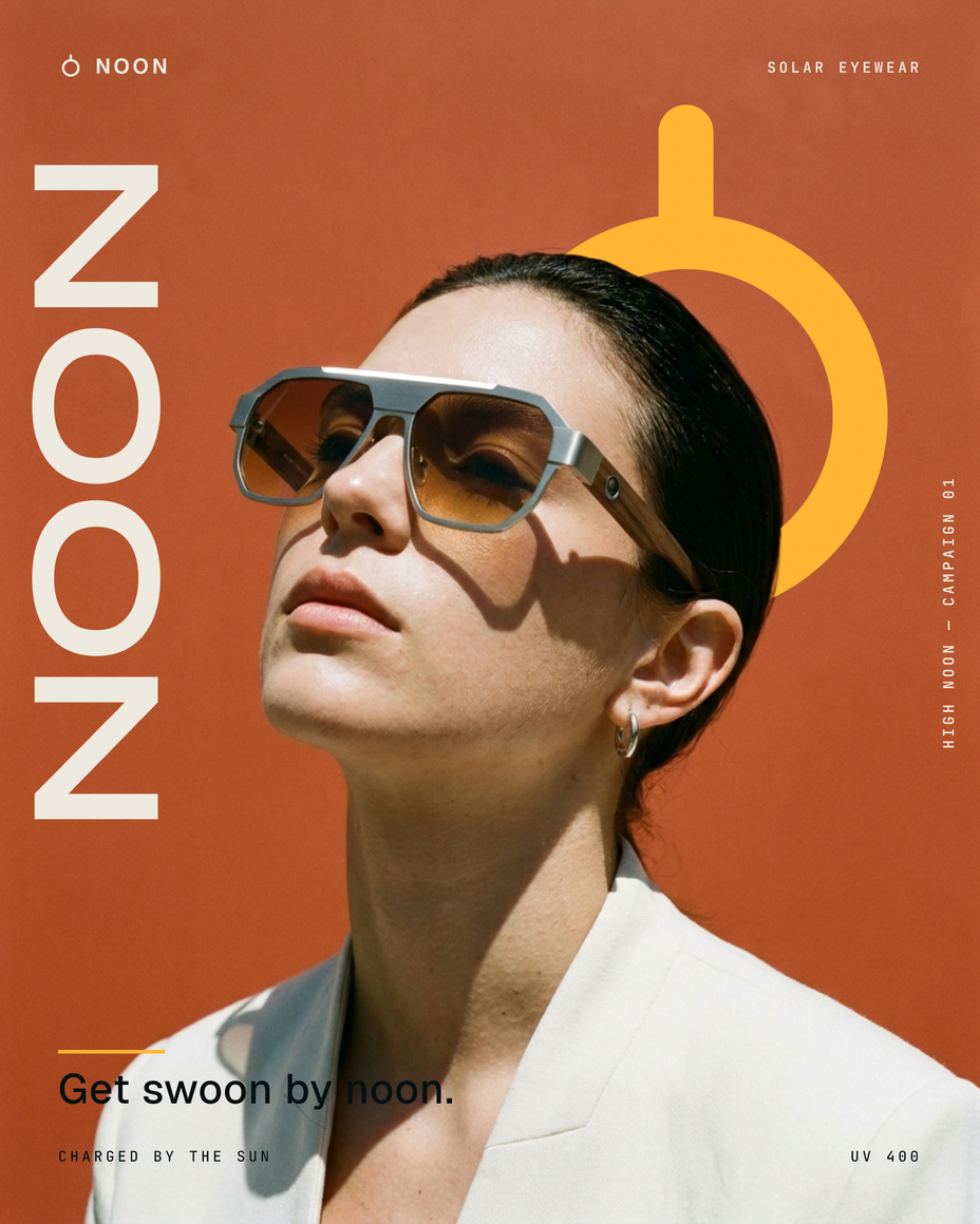 Noon / eyewear — a campaign built around a solar palette and a distinct typographic voice.