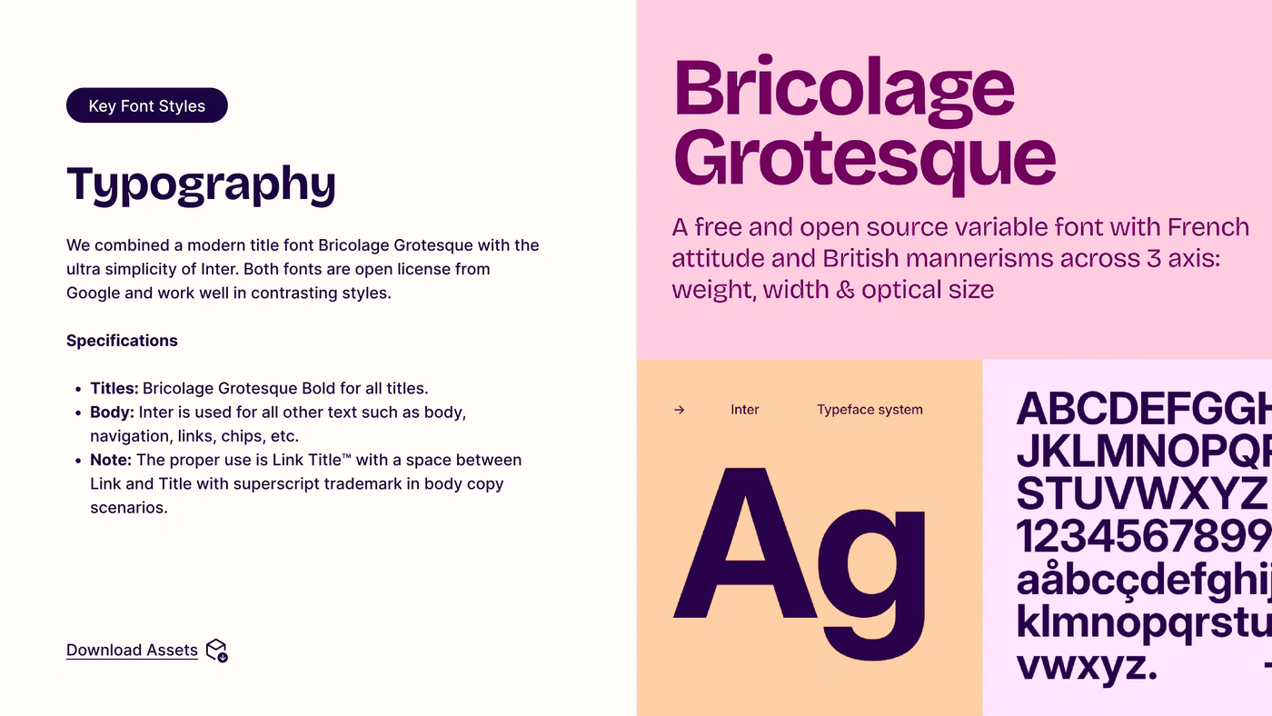 Typography — Bricolage Grotesque + Inter, specimen and specs