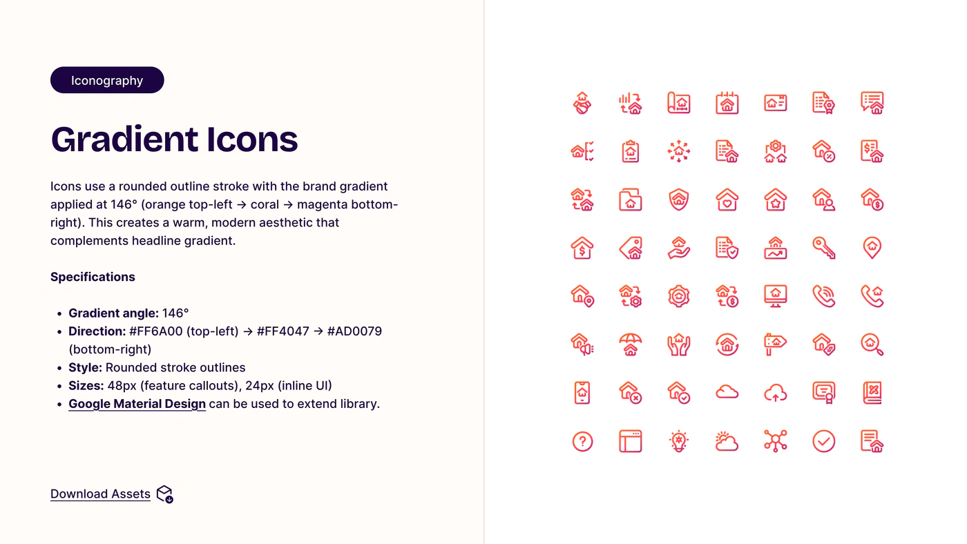 The icon library — rounded strokes, gradient at 146°