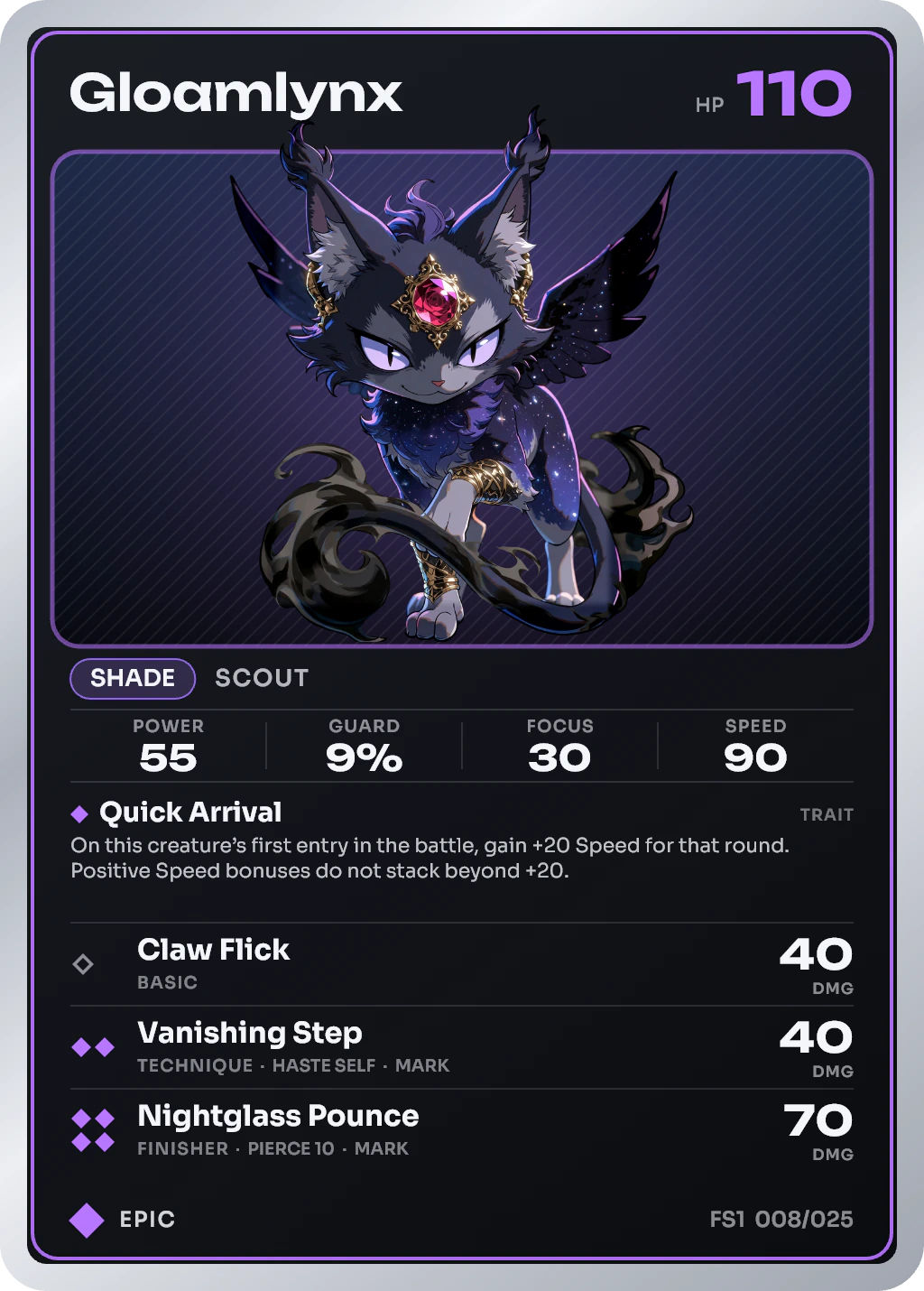 The printed Gloamlynx card: epic rarity, 110 HP, with its trait and three moves.