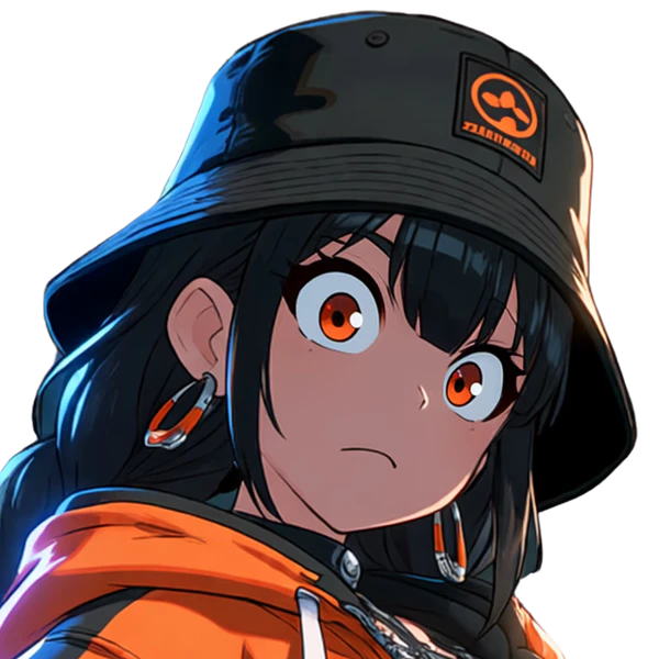 Junko, anticipation: same bucket hat, braids, earrings, orange jacket, card fan, new expression