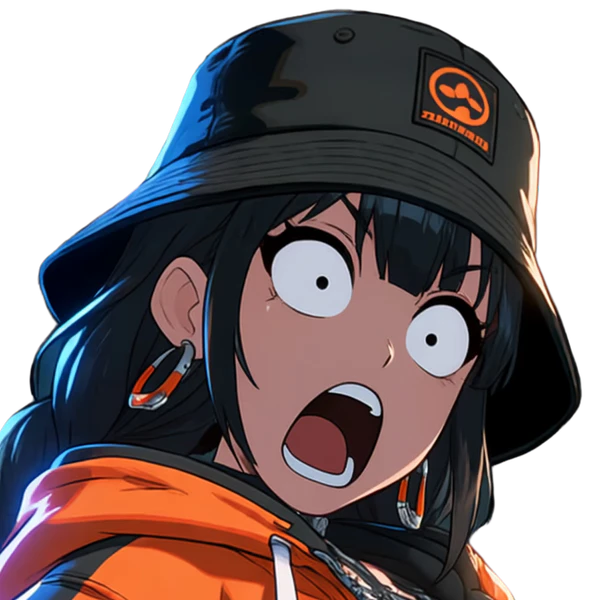 Junko, disbelief: same bucket hat, braids, earrings, orange jacket, card fan, new expression