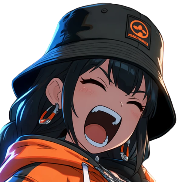 Junko, ecstatic: same bucket hat, braids, earrings, orange jacket, card fan, new expression