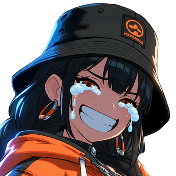 Junko, happy tears: same bucket hat, braids, earrings, orange jacket, card fan, new expression