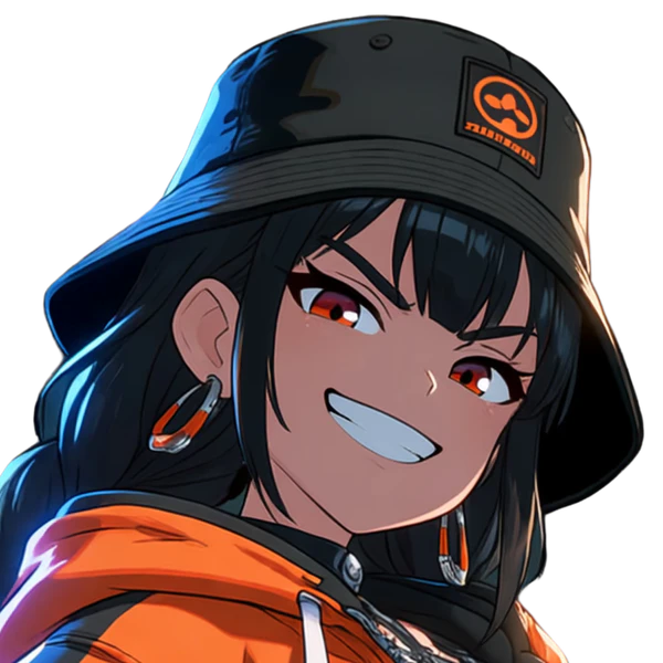 Junko, proud: same bucket hat, braids, earrings, orange jacket, card fan, new expression