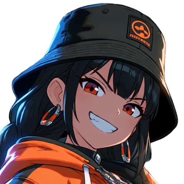 Junko, the approved art the edits start from: bucket hat, braids, earrings, orange jacket, card fan