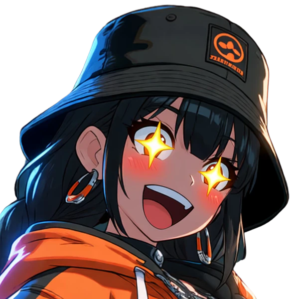 Junko, starstruck: same bucket hat, braids, earrings, orange jacket, card fan, new expression