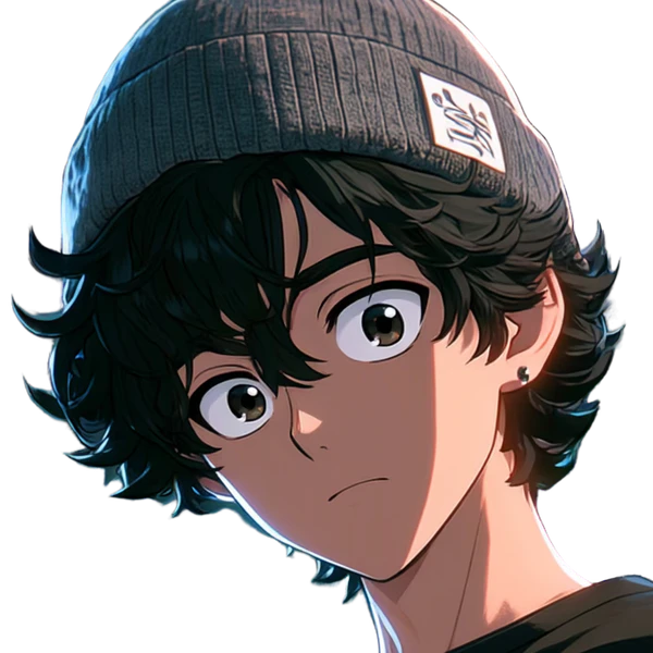 Ziggy, anticipation: same beanie, curls, bag strap, black tee, new expression