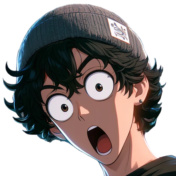 Ziggy, disbelief: same beanie, curls, bag strap, black tee, new expression