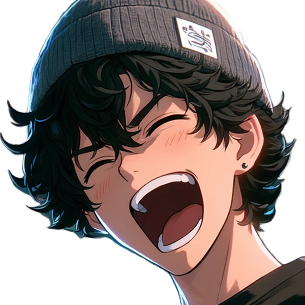 Ziggy, ecstatic: same beanie, curls, bag strap, black tee, new expression
