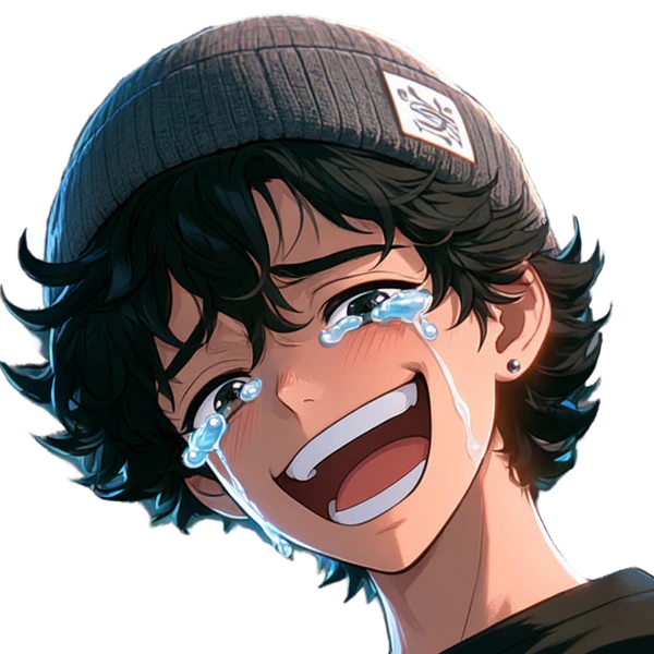 Ziggy, happy tears: same beanie, curls, bag strap, black tee, new expression