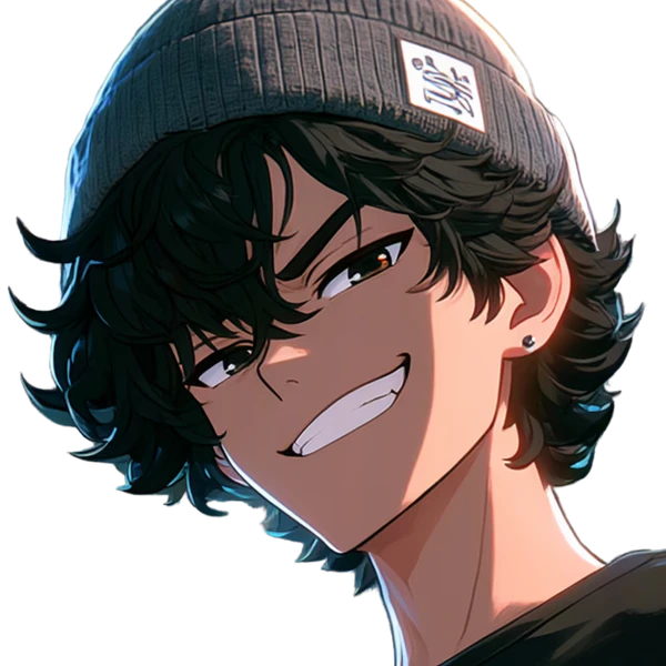 Ziggy, proud: same beanie, curls, bag strap, black tee, new expression