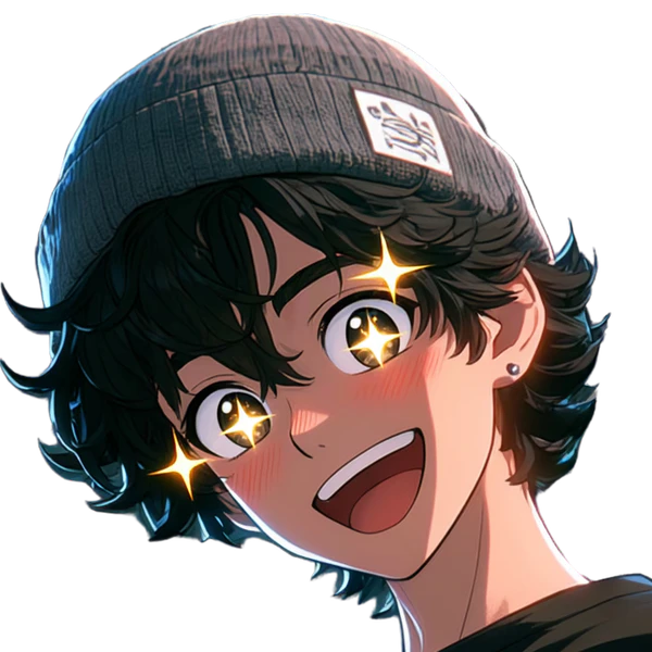 Ziggy, starstruck: same beanie, curls, bag strap, black tee, new expression