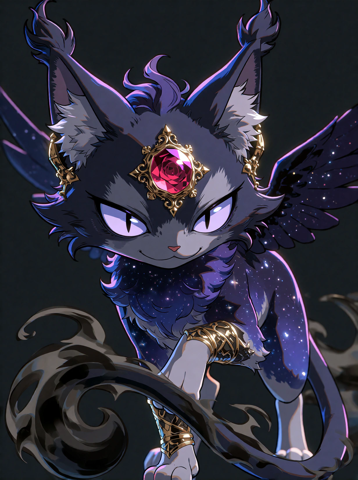 The Gloamlynx render the card uses: a star-speckled winged cat with a rose summon gem, on a flat dark grey backdrop.