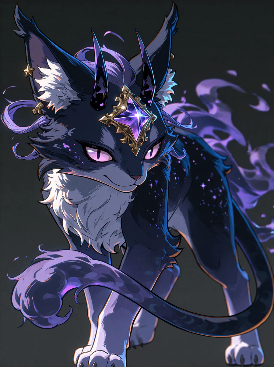 Gloamlynx exploration render: a lilac spirit cat with a violet star gem, from the astral direction.