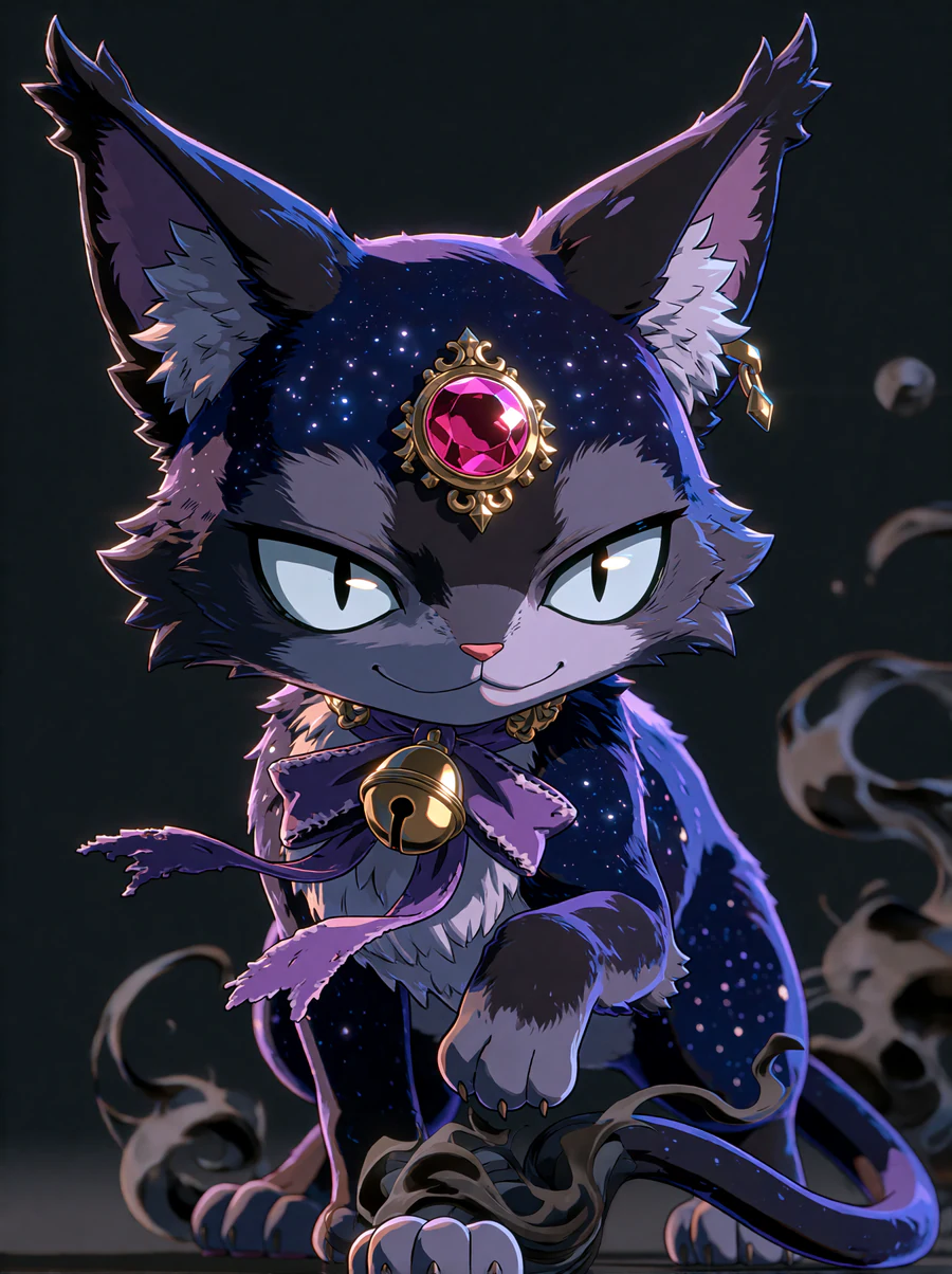 Gloamlynx exploration render: a star-speckled cat with a bell and ribbon, from the summon direction.