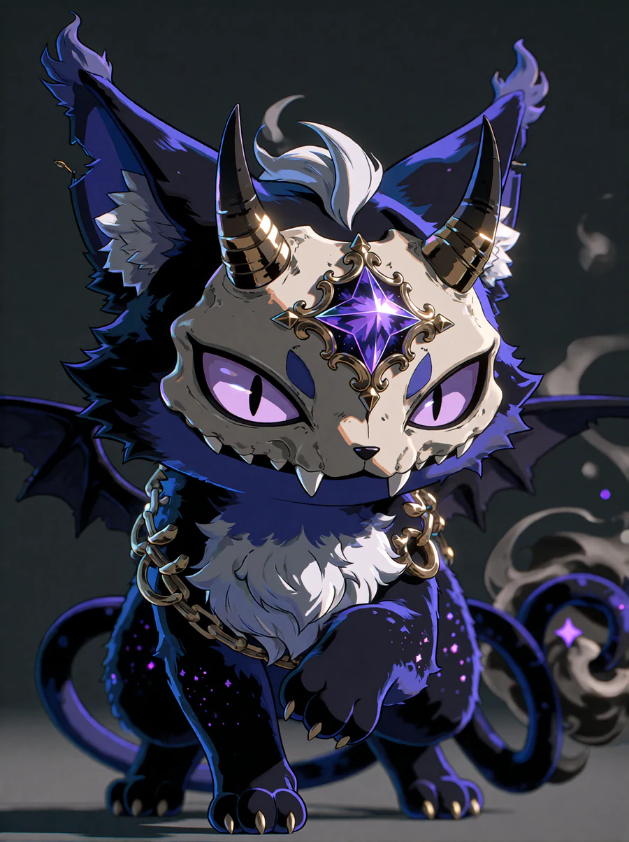 Gloamlynx exploration render: a horned cat wearing a bone mask, from the astral direction.