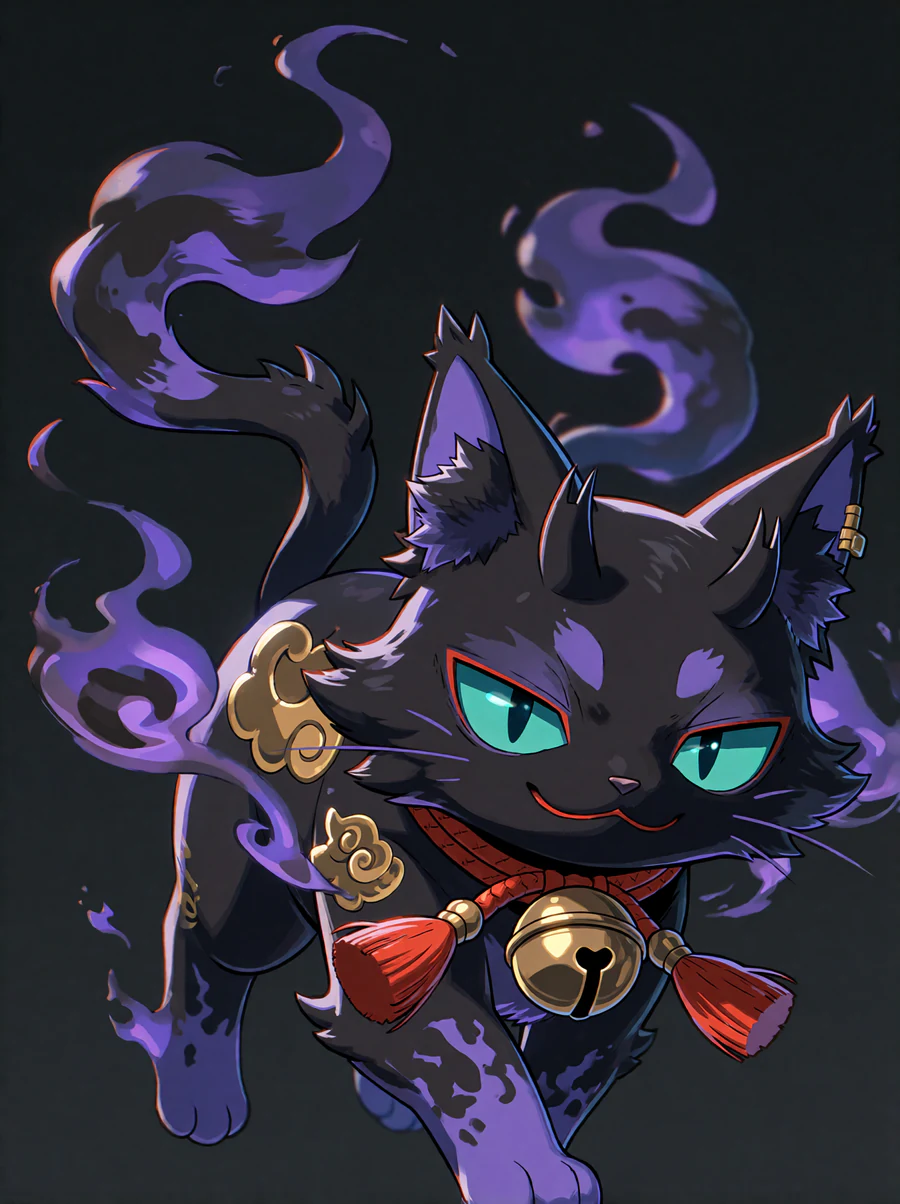 Gloamlynx exploration render: a black cat with teal eyes and a red bell collar, from the yokai direction.