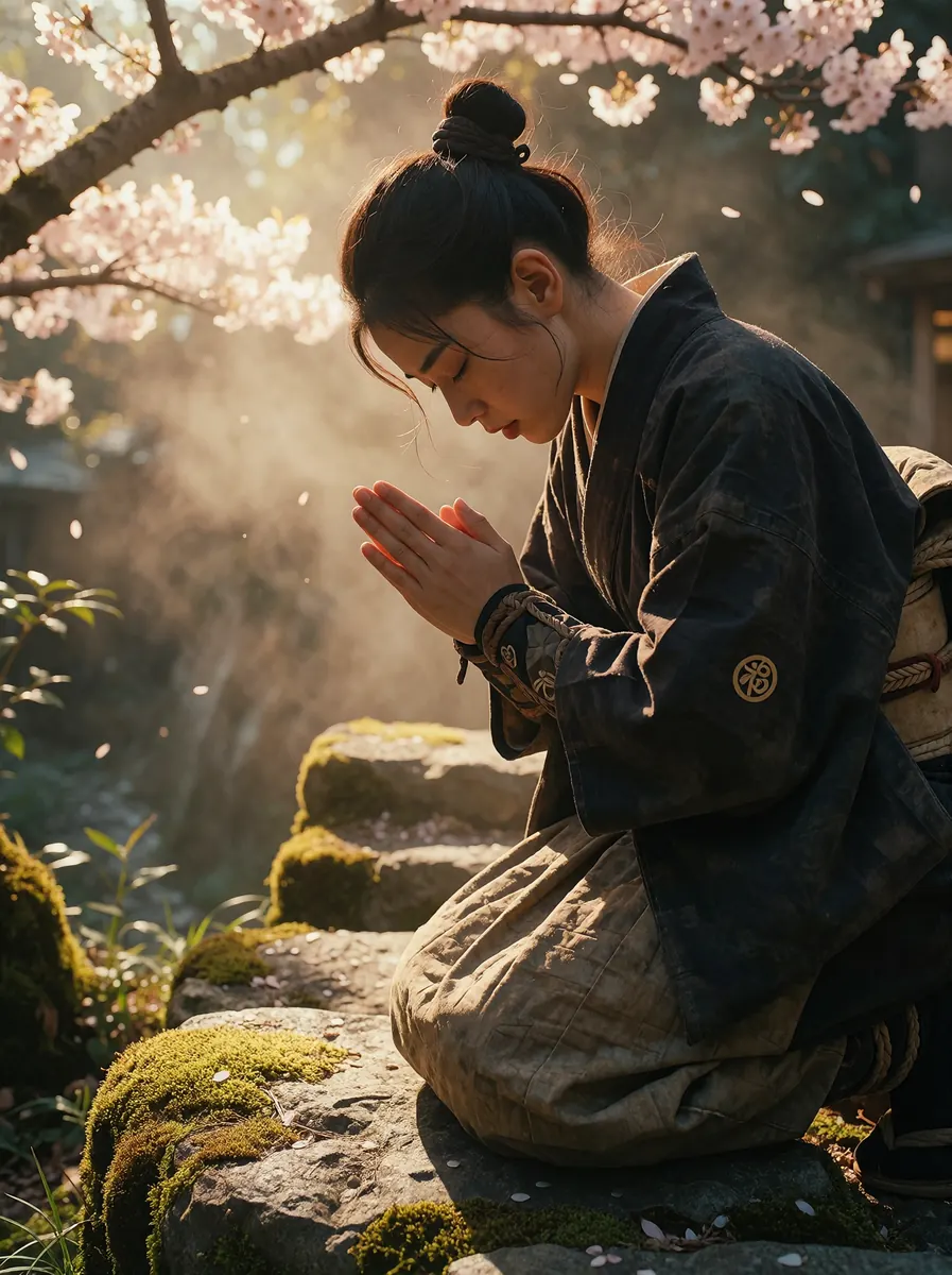 Original Pixal render: a dark-haired ninja kneels beneath a cherry blossom tree.
