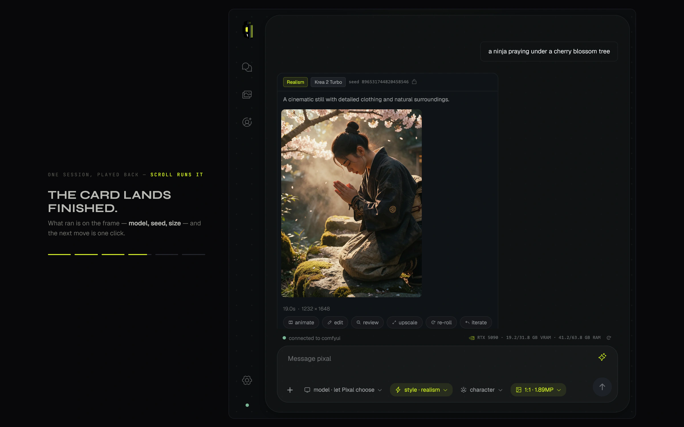 Pixal’s published product walkthrough: a prompt, the generated image, model details, and edit and animation actions in one conversation.